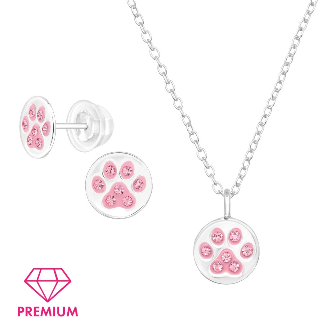 Dog Pink Paw Print (Sterling Silver) - Kids Jewellery Set, Necklace & Earrings