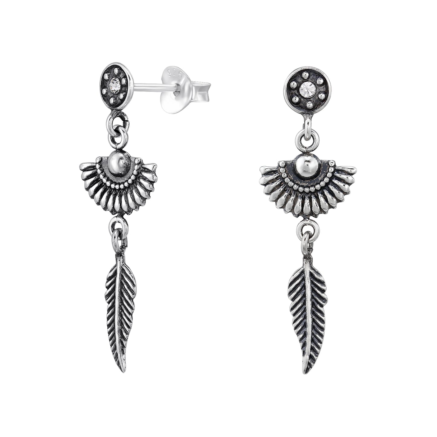 Hanging Folk Feather Beach Earrings - 925 Sterling Silver