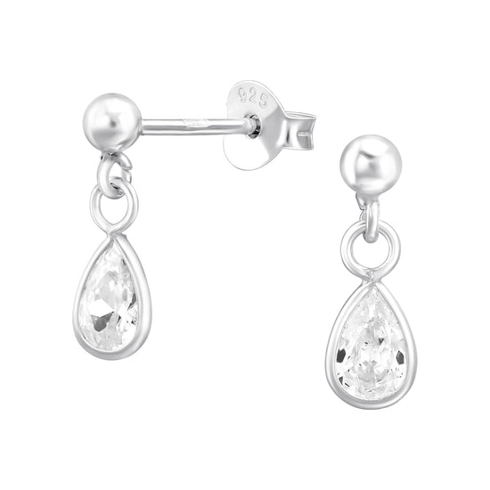 Crystal Pear Ear Studs, Drop Earrings - Sterling Silver, Cubic Zirconia