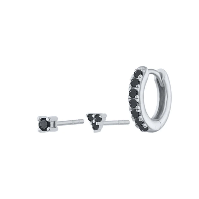 Set of 3 Sterling Silver Stud Huggie Earrings (Black Crystal)