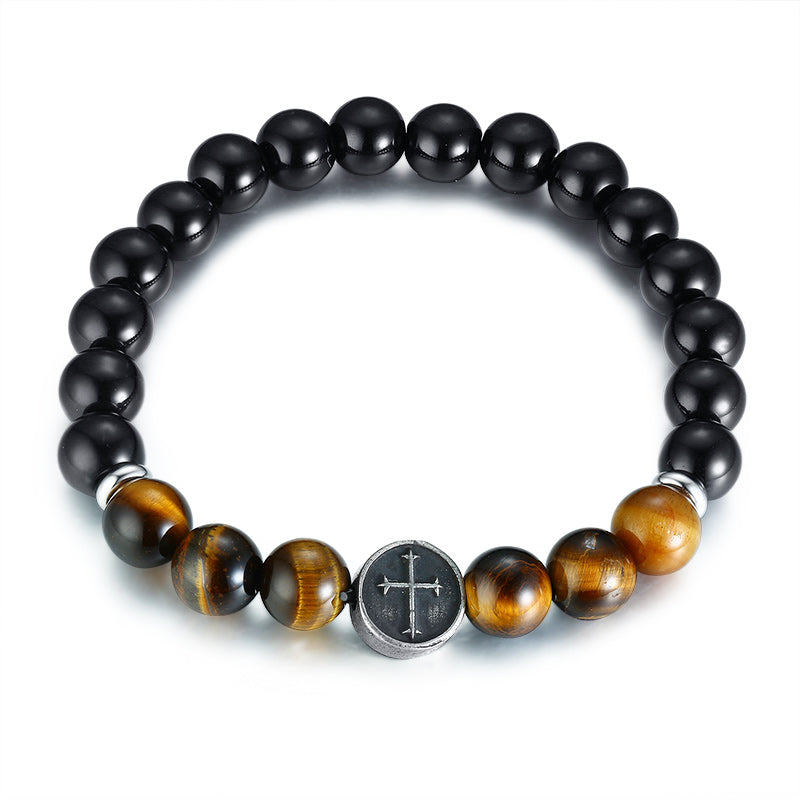 MENS CROSS BRACELET - Beaded Tiger Eye Wrist Band