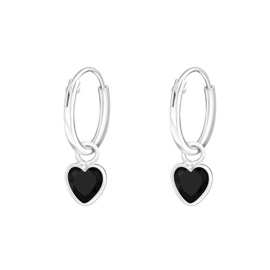 Sterling Silver Black Heart Shaped Hoop Earrings