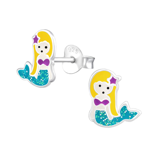 Blonde Hair Mermaid with Glitter Blue Tail: Children's Earrings. Kid's Earrings made from sterling silver. Little girl jewellery. SafeKids Children's Mermaid Ocean Sterling Silver Earrings