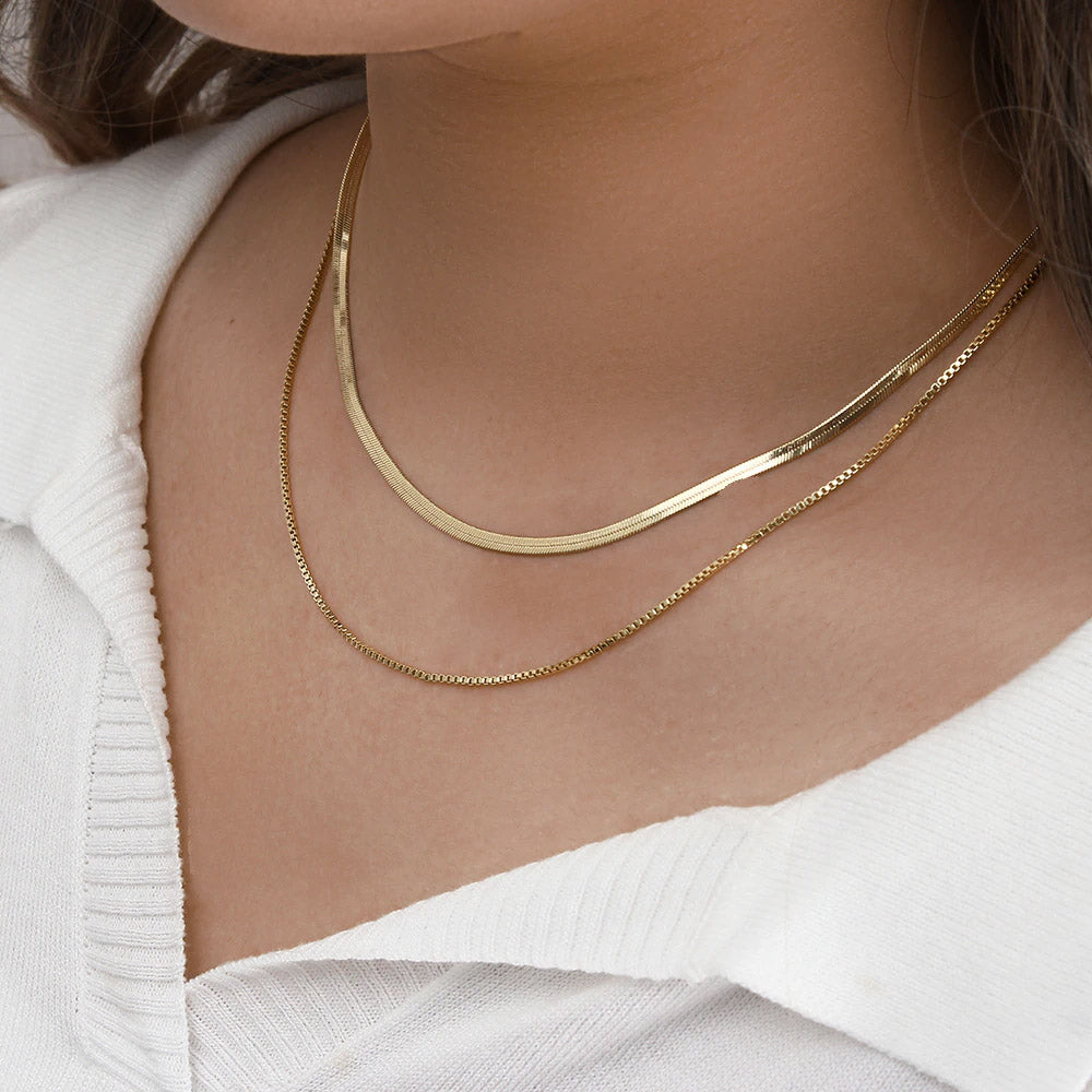 GOLD FLAT SNAKE AND BOX CHAIN LAYERED NECKLACE (high shine finish)