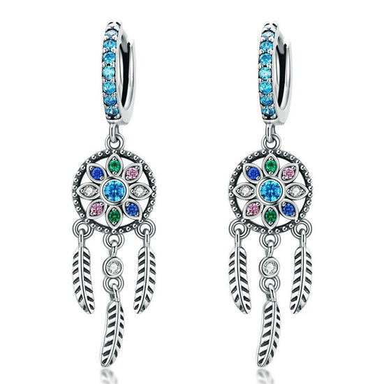 Hanging Dream Catcher Earrings - Blue Pave Crystal Hoops (flower & feather)