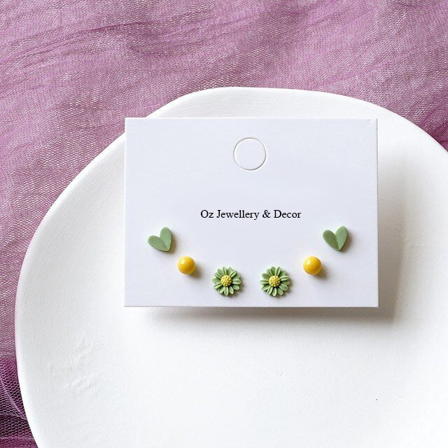 Green Flower Heart Yellow Stud Earrings (3 pack)