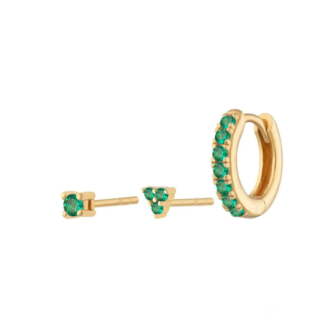 Set of 3 Gold Sterling Silver Stud Huggie Earrings (Green Crystal)